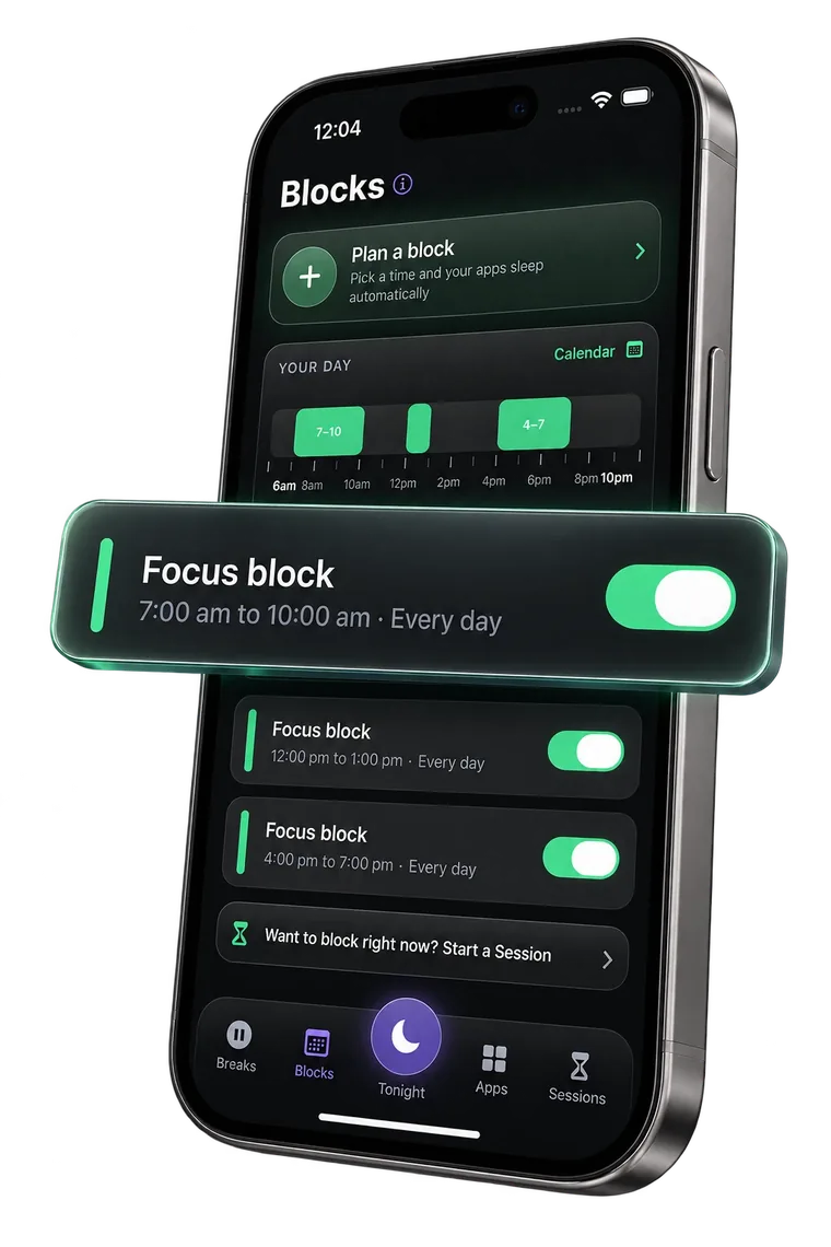 The SETL Blocks tab, showing focus blocks scheduled from 7am to 10am and 4pm to 7pm