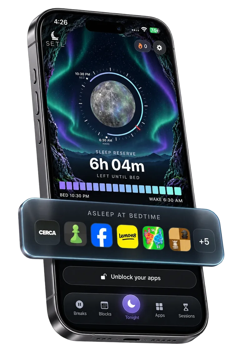 The SETL Tonight tab, showing apps asleep at bedtime and 6h 04m of Sleep Reserve left