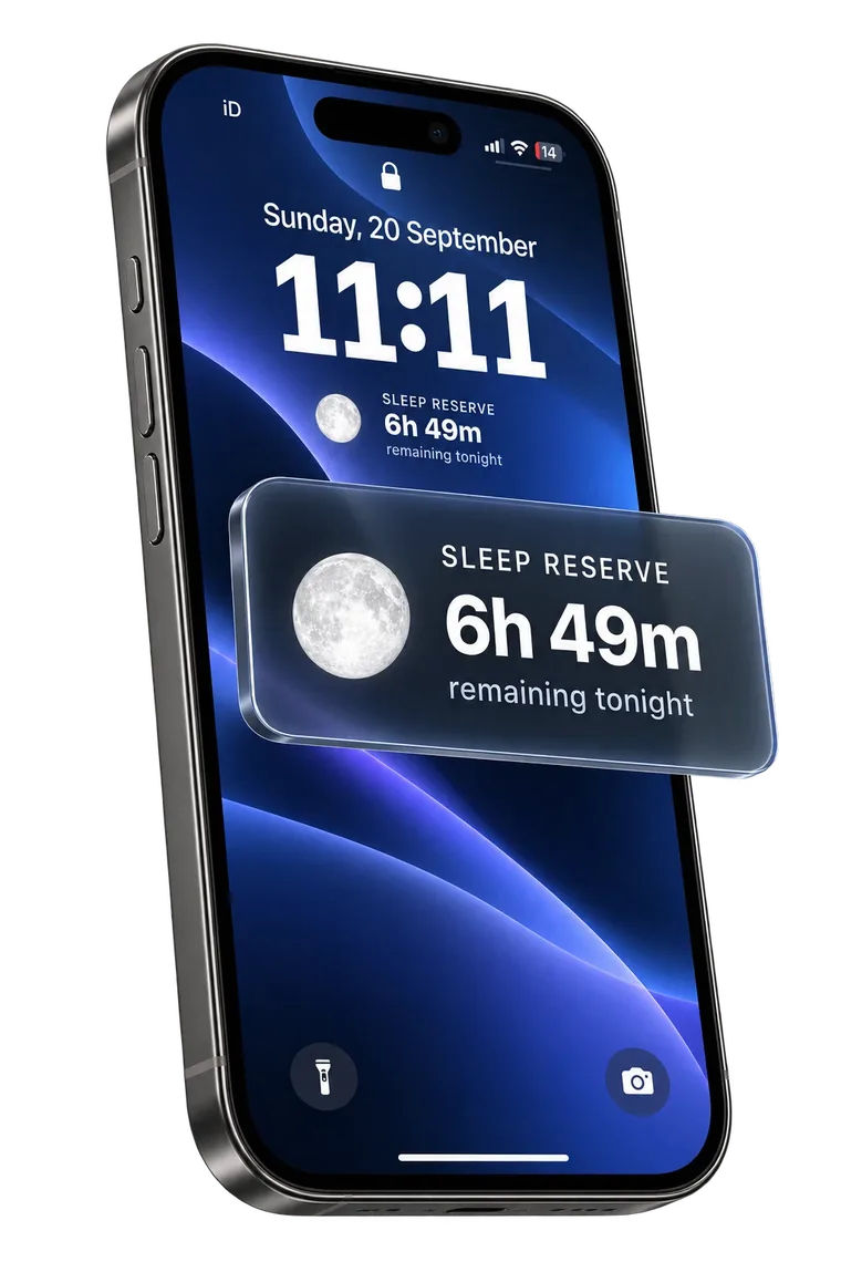 The SETL Sleep Reserve widget on an iPhone Lock Screen, reading 6h 49m remaining tonight