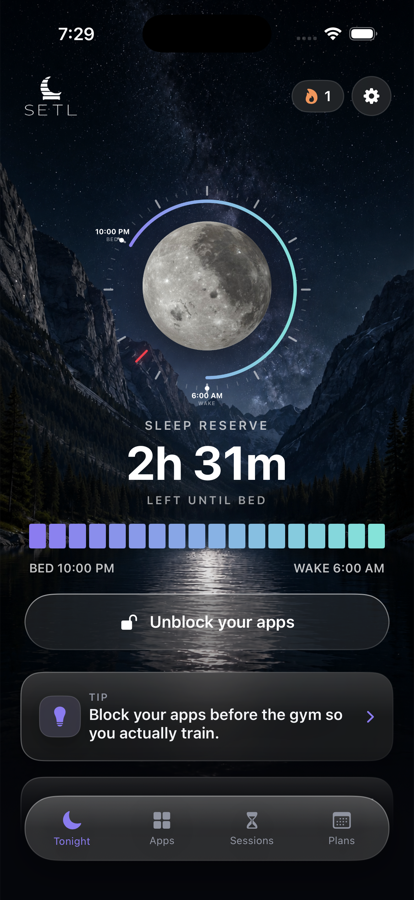 The SETL Sleep Reserve screen, showing 2h 31m left until bed