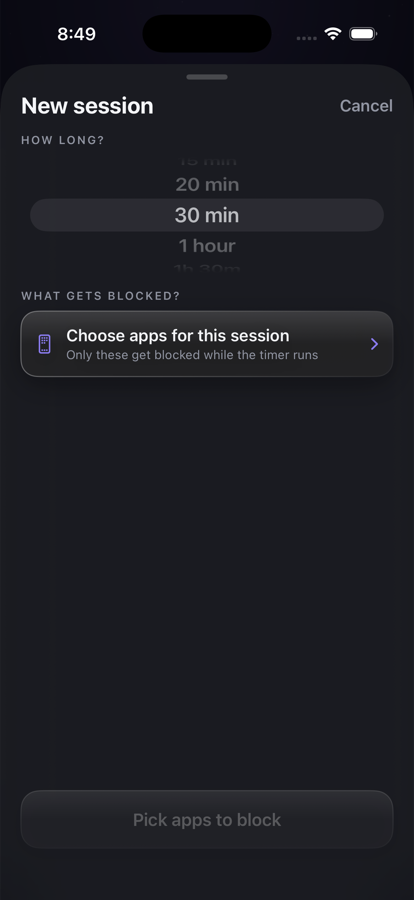 The SETL focus session screen, apps blocked with a timer running